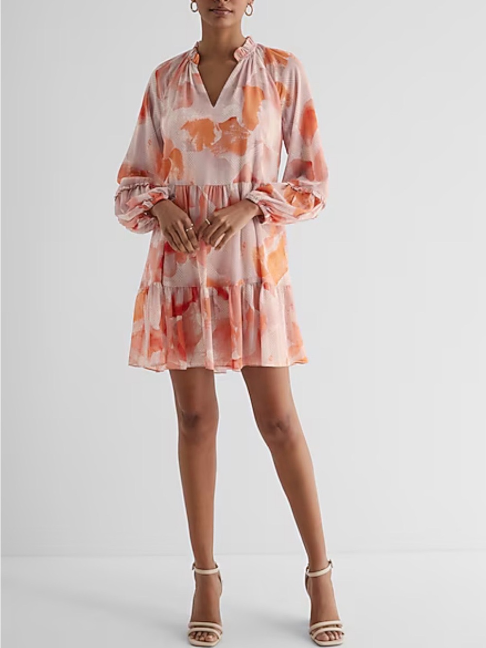 Express Blush Peach Floral Tiered Long-Sleeve Dress
